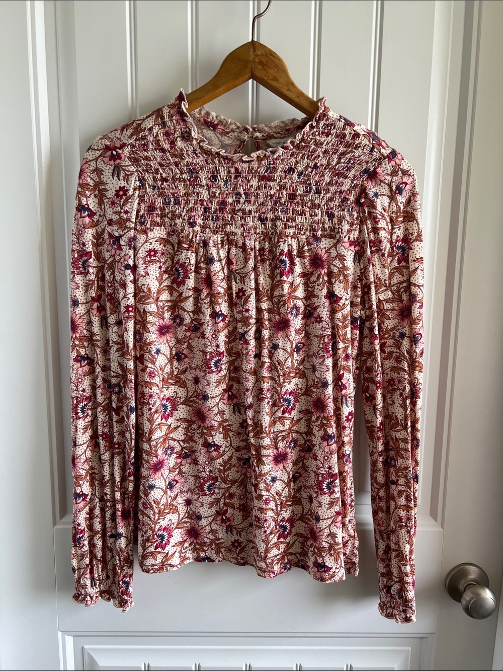 Lucky Brand Cream Long-Sleeve Smocked Floral Top with Pink Accents